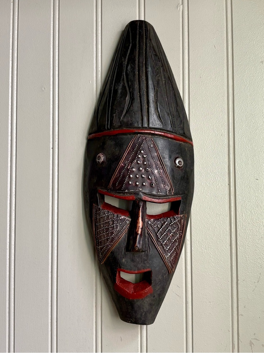 Hand-Carved West African Wood & Metal Mask Black & Red Tribal Made in Ghana Boho